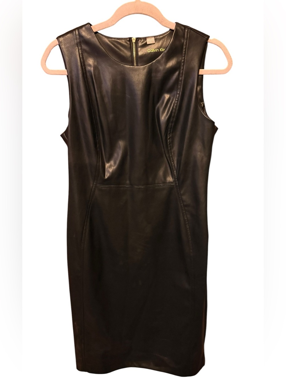 Calvin Klein Black Vegan Leather Sheath Dress Size 8 Minimalist 90s Chic Cocktai - Picture 3 of 6